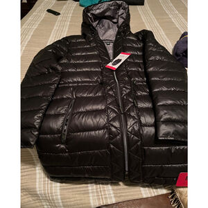 NWT Kenneth Cole Women Black Puffer Jacket Midi Medium Hood quilted New